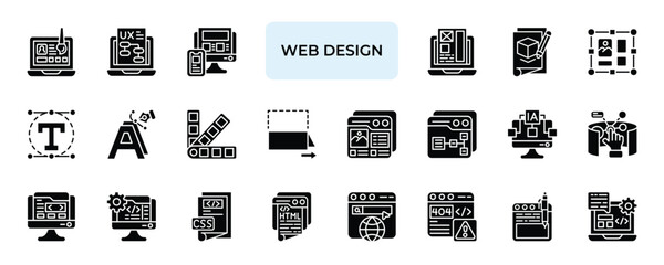 Web Design Icon set Collection in Solid Glyph Style. interface, experience, responsive, wireframe, prototype, layout