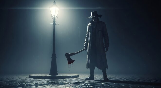 Scary monster holding an axe with blood under a street lamp. Horrifying creature for Halloween, nightmare, and horror concept. Apocalyptic fear.
