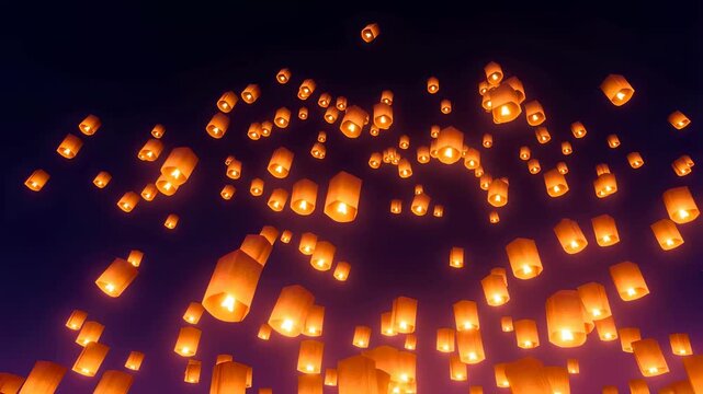 Floating lanterns illuminating the night sky during a festival. Symbolizing hope, celebration, and the release of wishes into the universe