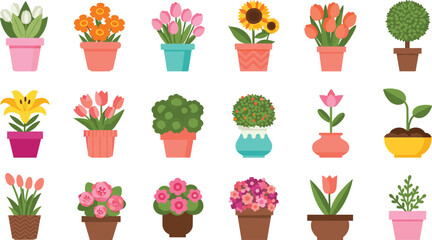 Potted Flower Plants Collection with Tulips Sunflowers Roses and Decorative Garden Flowers Cute Indoor Plant Pots Vector Illustration Set.