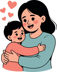 Mother hugging child with pink hearts embrace love
