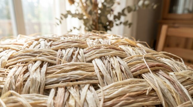 Intricate woven raffia fibers creating a natural, textured surface with organic plant elements in the background