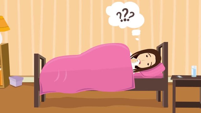 Sick Woman Lying in Bed Animation, Illness Recovery Healthcare and Medical Treatment Concept