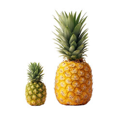 Fototapeta premium PNG of Two pineapples, one small green and one large yellow, showcasing a striking size contrast.