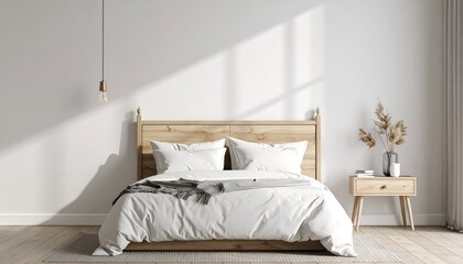 Bedroom scene with a wooden bed, nightstand, and soft lighting