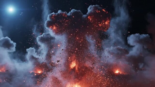 Explosion and Fireballs Erupting with Smoke and Debris in Dark Night Sky