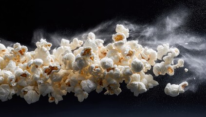 Puffed, white snack kernels are captured midair against a dark background with floating particles.