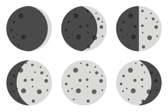 Set of moon phase icons showing the lunar cycle from new moon to full moon with craters details for astronomical education and night sky observation design