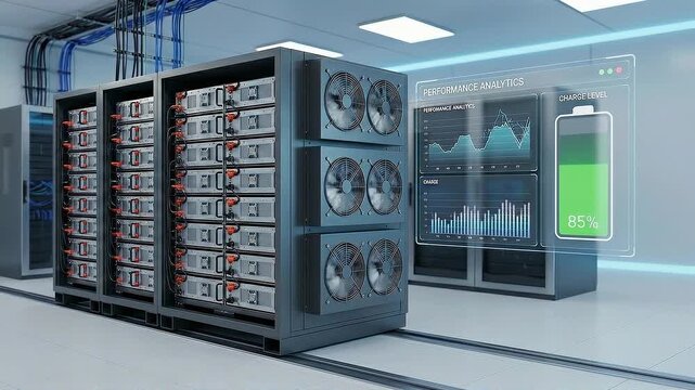 Predictive energy maintenance data center battery rack server room cooling fan analytics dashboard monitoring charge level performance trends