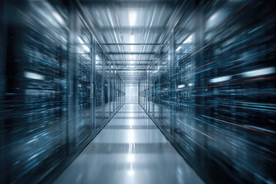 A blurred, futuristic server room with glowing blue lights and motion