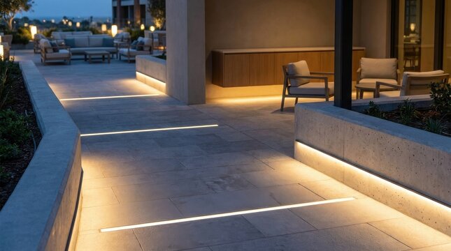 Modern recessed LED strip lighting illuminating an outdoor patio pathway at night
