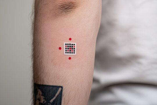 Tiny square grid tattoo with red dots on a person's arm