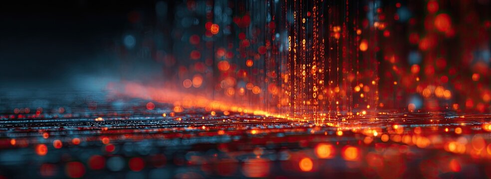 Abstract digital rain of red and blue light particles