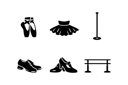 Collection of ballet and dance icons including pointe shoes, tutu, and barres