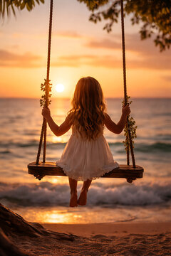 A young girl in a flowing white dress sits on a wooden swing facing the ocean as the sun sets on the horizon. Bathed in golden light, she gently overlooks the waves, creating a peaceful and dreamy...