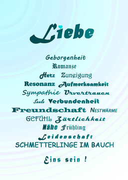 Worte f&uuml;r Liebe in deutsch - Blau gr&uuml;n Kontrast