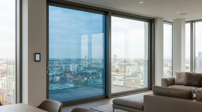 Modern smart glass windows with adjustable tinting overlooking a cityscape view in a luxury apartment