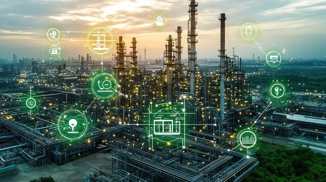 Industrial Plant with Digital Connectivity and IoT Icons at Dusk