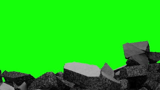Concrete wall destruction animation. Black and white mask. Concrete wall explosion. Falling concrete debris. Cracks in a cement wall. Destruction screensaver.