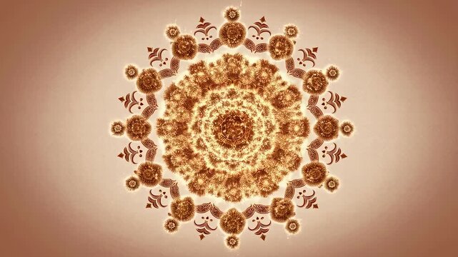 Intricate golden mandala design with floral patterns on a warm background. Represents harmony, balance, and artistic expression in visual art