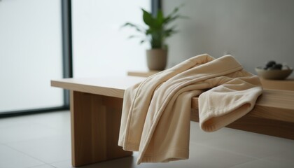 Soft Plush Cotton Robe Draped Comfortably Over a Modern Wooden Bench Near a Potted Plant