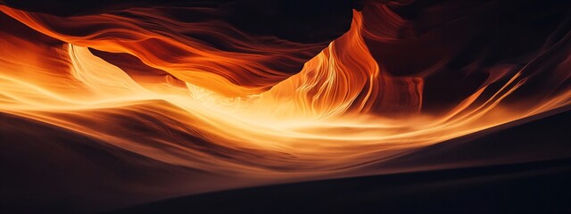 Fototapeta premium Bright orange abstract natural background resembling a desert canyon. Dark glowing illuminated sandstone surface texture with wavy lines and gradients. Banner with copy space