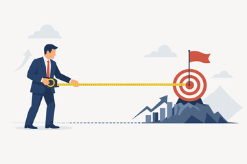Fototapeta premium Businessman in suit measuring distance to target goal on mountain peak with tape measure, concept of business success measurement, growth metric analysis, achievement and strategic planning.