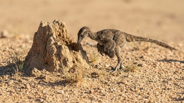 Curious young greater roadrunner examines desert ant hill in arid landscape with sparse vegetation and sandy terrain