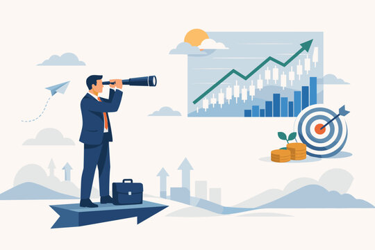 Businessman looking through telescope for future business opportunities and market trends, leadership vision for growth and success, data analysis forecasting and strategic planning concept