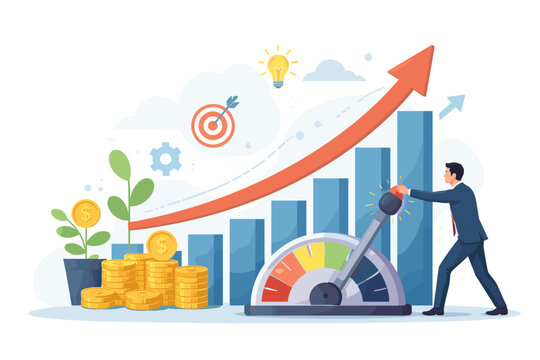 Businessman pushing a lever to accelerate business growth and financial success, featuring a rising bar graph, stacks of gold coins, a growing plant, target, and lightbulb for innovation concept