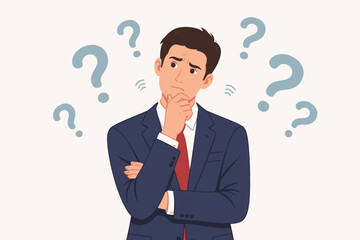 Skeptical Businessman in Suit Thinking and Questioning with Doubtful Expression, Confused Professional Making a Decision Surrounded by Question Marks, Pondering Business Strategy and Uncertainty