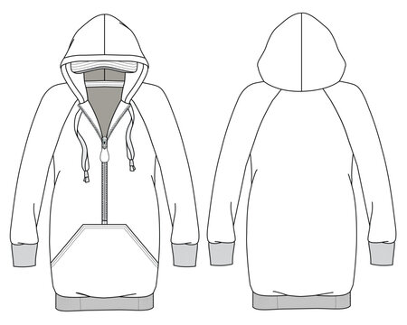 Female raglan sleeve longline hoodies technical illustration vector mockup template.