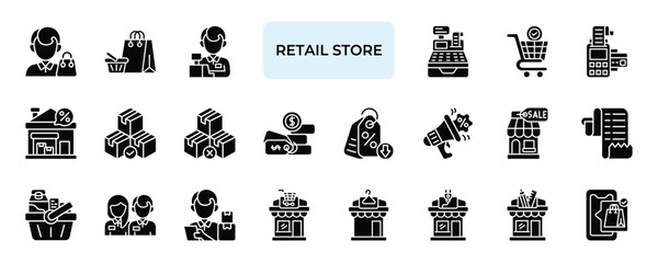 Retail Store Icon set Collection in Solid Glyph Style. customer, product, display, cashier, discount, stock