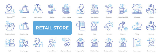 Retail Store Icon set Collection in Line Two Color Style. customer, product, display, cashier, discount, stock