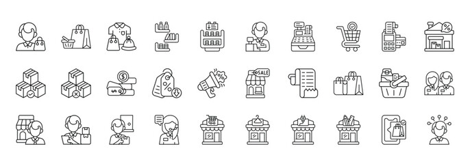 Retail Store Icon set Collection in Line Style. customer, product, display, cashier, discount, stock