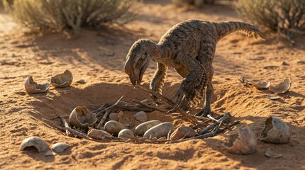 Fototapeta premium Dinosaur hatchling in desert nest with fragmented eggs and surrounding dry vegetation under sunlight
