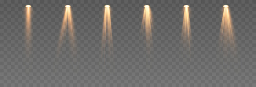 Set of yellow light sources PNG. Light source illuminates the stage or studio. Stage lighting. Light effect.