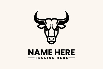 Fototapeta premium A black and white illustration of a bull's head logo with a placeholder name and tagline on a beige background.