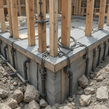 Iron fittings on a wooden formwork with laid pipes are the basis for pouring the foundation of the house with a concrete slab. Construction of cottages, design, engineering communications.