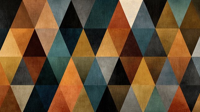 Simple interlocking triangle geometric seamless background texture, earthy warm color photorealistic texture, repetitive minimalist composition for home textile fabric packaging print