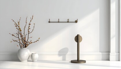 A minimalist interior scene with a plant, coat rack, and sculpture against a white wall