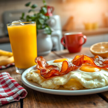 Primer plano de huevos revueltos brillantes y tocino crujiente con jarra de jugo de naranja y hielo

