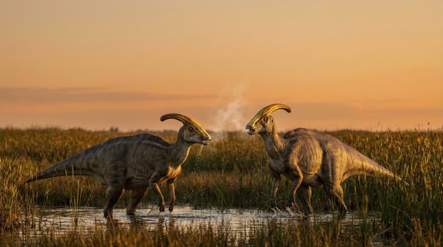 Two parasaurolophus dinosaurs communicating in prehistoric wetland at sunset with misty breath