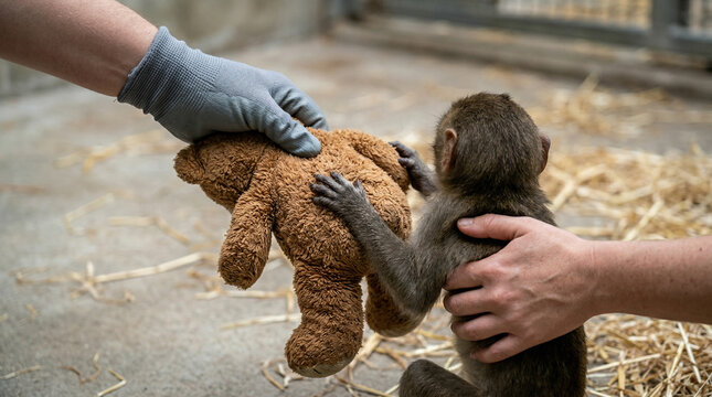 Baby macaque Punch reaching for plush toy as caretaker pulls it away emotional wildlife moment showing attachment behavior in young monkey