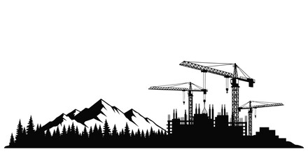 Construction site with mountains and trees a striking silhouette © Taylor