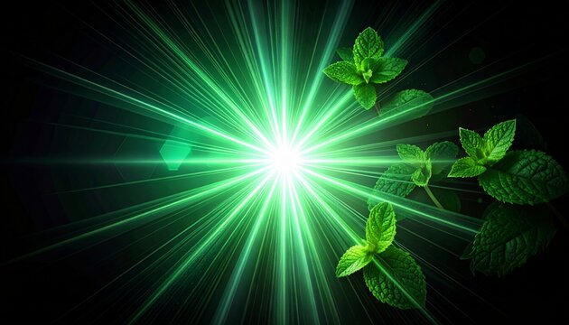 Fresh Mint Leaves with Green Rays on a Black Background