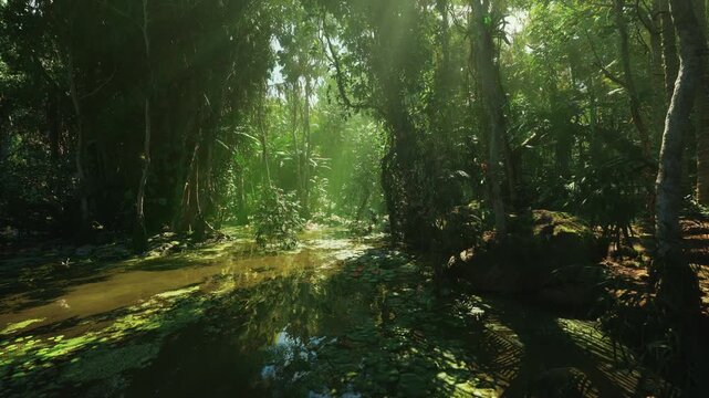 sunbeams through dense mangrove canopy illuminating reflective pool, shafts of light creating golden highlights on roots and water surface, rich textures