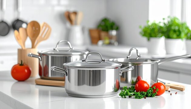 High-quality stainless steel pots and pans set including a metal saucepan and casserole with lids isolated on white background for professional chef kitchenware cooking equipment