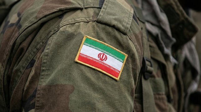 "Close-up of camouflage military uniform sleeve with Iranian flag patch bordered in yellow."
