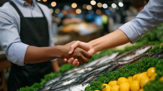 170Two traders shaking hands at a fresh fish stall, vibrant seafood assortment beneath their hands, local market trade and partnership concept